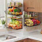 3 Pack Extra Large Fruit Basket for Kitchen with Wood Lid Nameplate - Counter&Wall Mounted Onion and Potato Storage Bin, Stac