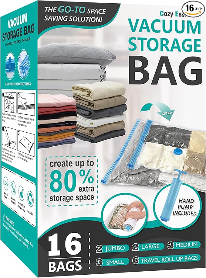 Cozy Essential Vacuum Storage Bags, 80% Compression Vacuum Seal Space Saver Plastic Packaging Bags for Clothes, Blankets, Pil