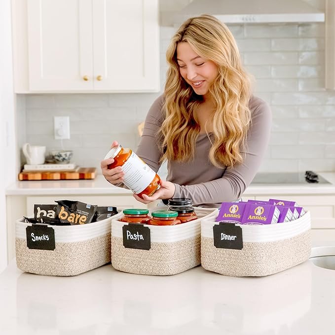 NaturalCozy 13.5”x8.5”x5.5” Storage Baskets for Shelves 3 Pack | Cotton Rope Woven Small Baskets for Organizing | Small Stora