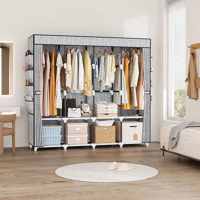 Portable Closet for Hanging Clothes, 67 Inch Wide Portable Wardrobe Closet with Cover, 4 Hanging Rod, Storage Shelves and Sid