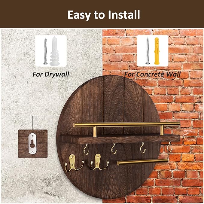 Nekon Key Holder Wall Mount, 11.8 Inch Rack With Shelf and 6 Hooks, Rustic Mail Organizer, Circular Wooden Hanger for Entrywa