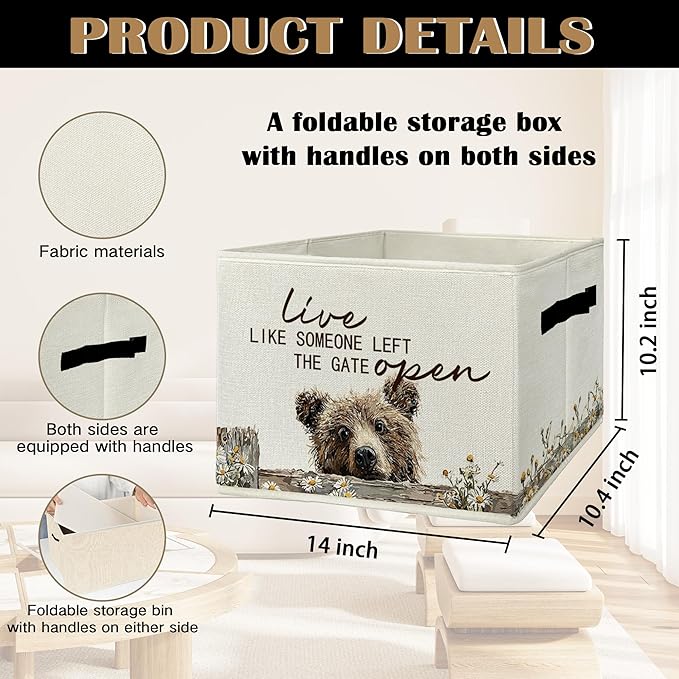 Rustic Bear Storage Bins & Boxes with Handles, Farmhouse Bear Foldable Basket for Organizing, Live Like Someone Left the Gate