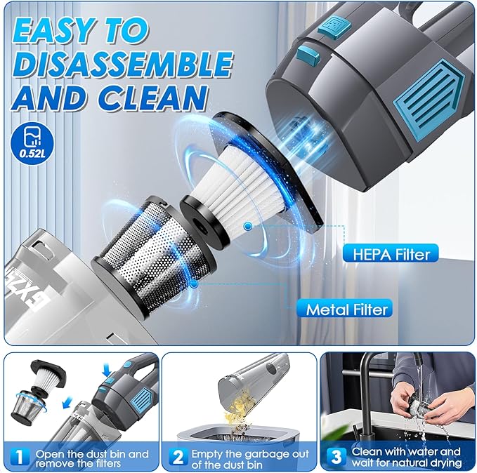 Handheld Vacuum Cordless, 15000PA Strong Suction Hand Held Car Vacuum Cleaner Rechargeable, Portable Hand Vacuum with Multi-N