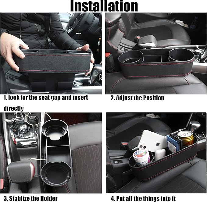 Car Cup Holder Seat Gap Organizer, Multifunctional Cup Drink Holders with PU Leather Cover,Side Insert Center Console Gap Filler Storage Box for Mug Bottle CellPhones Keys Coffee Coasters Cards