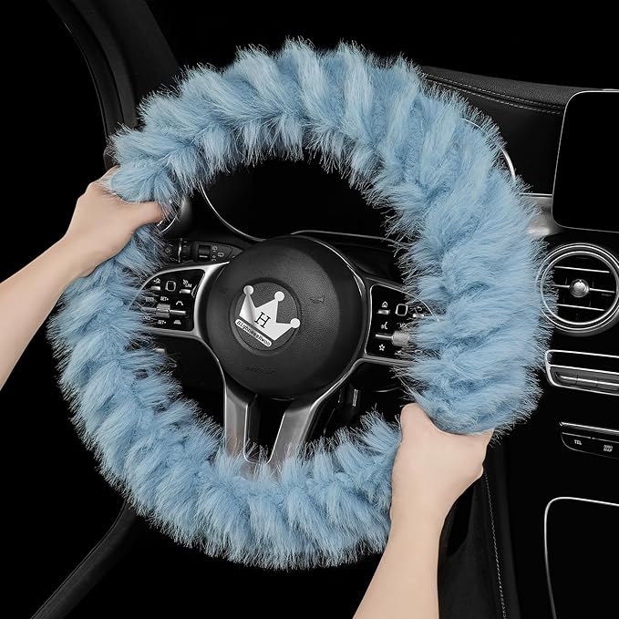 Fuzzy Winter Steering Wheel Covers for Women, Warm Cute Fluffy Car Wheel Cover for F150, Trucks, Jeep, Van, Soft Furry Auto Plush Large Car Handle Cover for Cold Weather, 15.2-16in, Blue