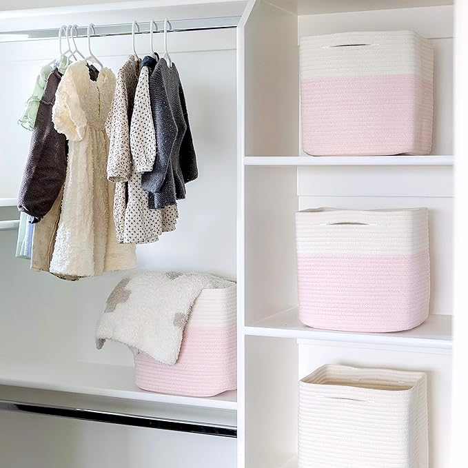 NaturalCozy Storage Cubes 11 Inch Cotton Rope Woven Baskets for Organizing, 3-Pack | Cube Storage Bin | Square Storage Basket