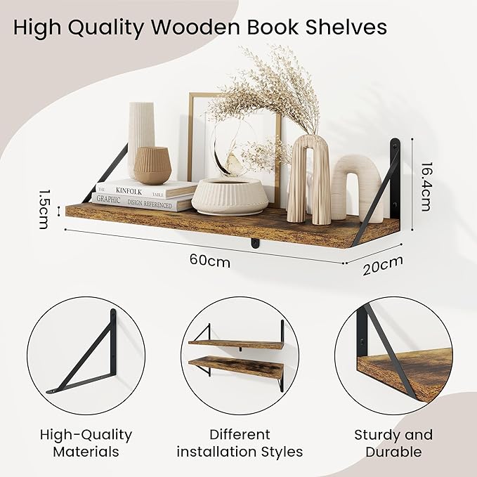 Floating Shelves, Wall Book Shelf with Brackets, 24 inch Wall Shelves Set of 3, Particle Board Wooden Shelf for Kitchen, Bath