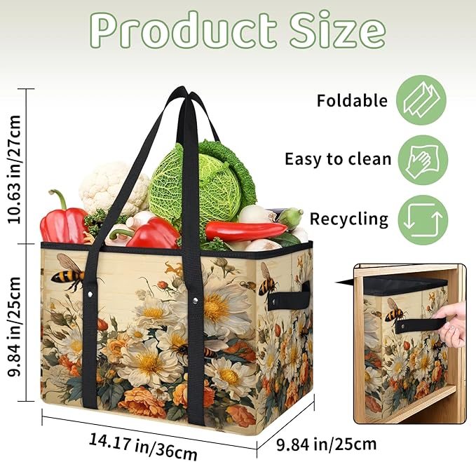 Reusable Grocery Bags Heavy Duty Shopping Bags Foldable Large Tote Bags with Long Handles & Hard Bottom