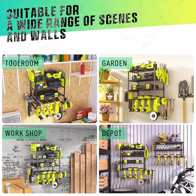 SUNALLY Power Tool Organizer, 4 Drill Holder Wall Mount, Garage Tool Organizer and Storage with Screwdriver Holder, Garage Or