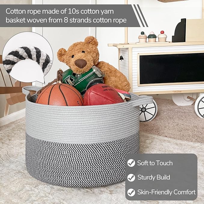INDRESSME Extra Large Laundry Basket, Cotton Rope Blanket Basket for Nursery Living Room, Decorative Woven Storage Basket wit