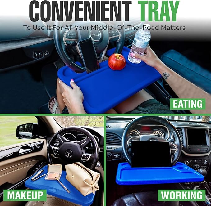 lebogner Steering Wheel Tray, Car Food Trays for Eating with iPad Tablet Slot, Multipurpose Double-Sided Hook On Travel Auto Steering Wheel Desk Table for Laptop & Notebook with Cup Holder, Dark Blue