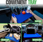 lebogner Steering Wheel Tray, Car Food Trays for Eating with iPad Tablet Slot, Multipurpose Double-Sided Hook On Travel Auto Steering Wheel Desk Table for Laptop & Notebook with Cup Holder, Dark Blue