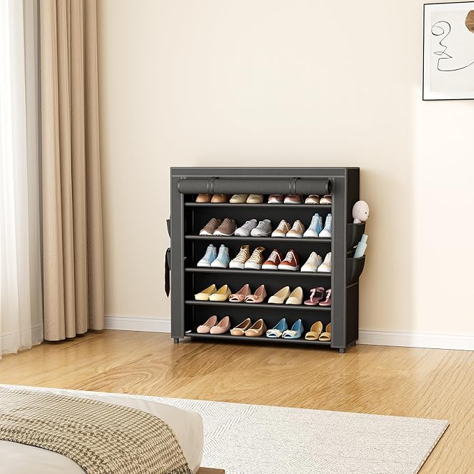 LANTEFUL Shoe Rack with Covers 5 Tier Tall Shoe Rack Organizer Large Capacity Shoe Shelf Storage 20-24 Pairs Space Saving Fre