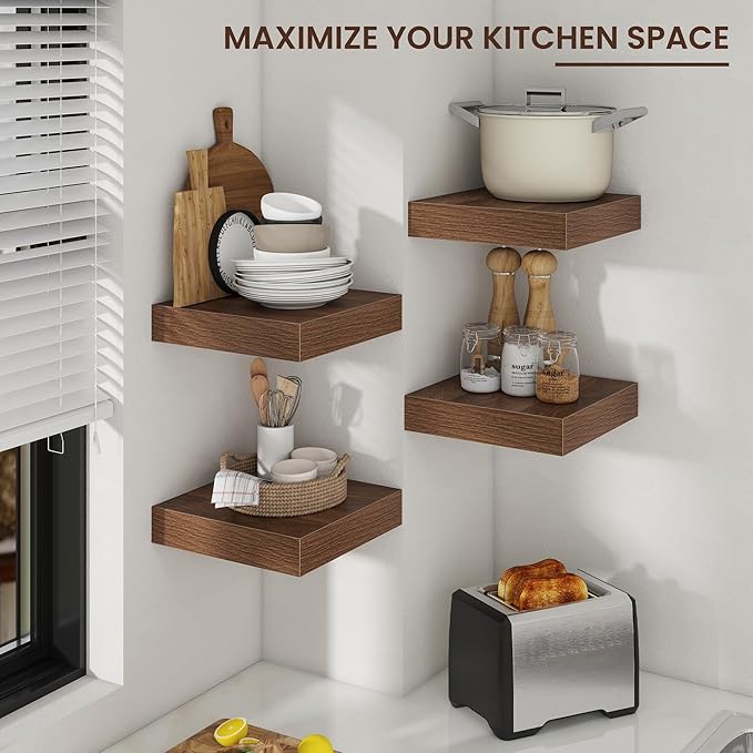 Square Floating Shelves for Wall, 12" W x 12" D x 2" H, 2 Pack, Small Wall Mounted Engineered Wood Shelves with Invisible Bra