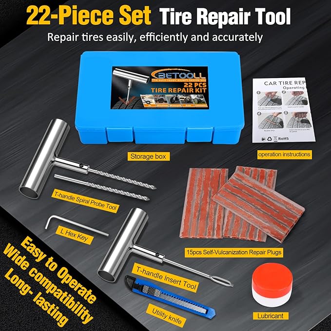 BETOOLL Universal Tire Repair Kit, Heavy Duty 22 Pcs Emergency Tire Plug Kit, for car Motorcycle, Truck, ARB，ATV, Tractor, RV