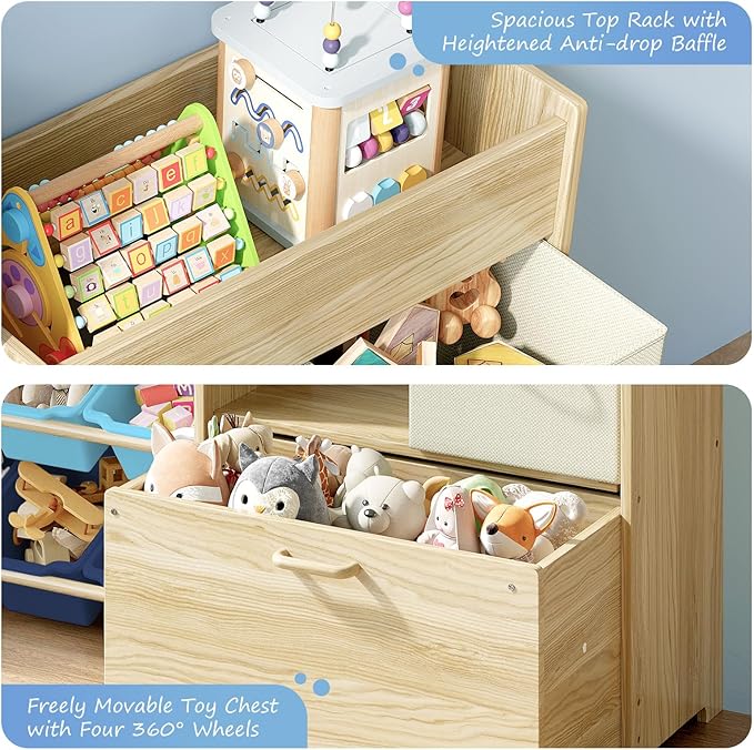 EXPERLAM Toy Storage Organizer for Kids, 9-Bin Toy Organizer with 2-Drawers,Movable Toy Chest and Top Rack, Kids Bookshelf an