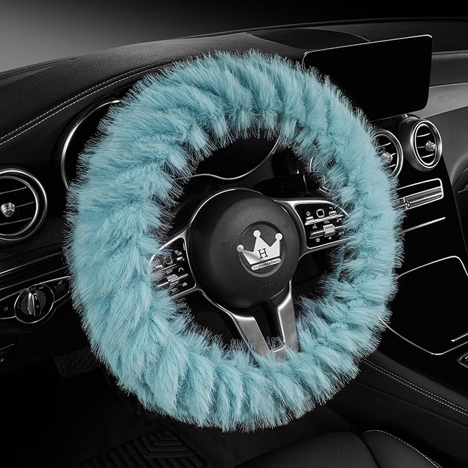 Fuzzy Winter Steering Wheel Covers for Women, Warm Cute Fluffy Car Wheel Cover for F150, Trucks, Jeep, Van, Soft Furry Auto Plush Large Car Handle Cover for Cold Weather, 15.2-16in, Green