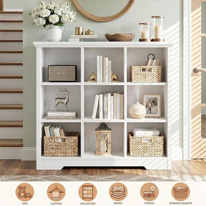 Aheaplus Wooden 9-Cube Storage Organizer with Charging Ports, Modern Cube Bookcase with Base, 4-Tier Floor Standing Open Cubb