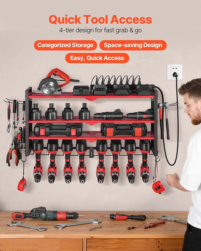 VEVOR Power Tool Organizer with Charging Station, 4-Layer Drill Storage Rack with 8 Drill Holders & Side Pegboard, Garage Too