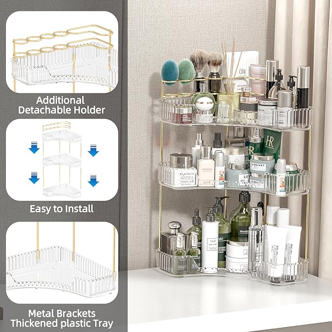 Makeup Organizer Countertop 3 Tier, Corner Bathroom Countertop Organizer with Toothbrush and Makeup Brush Holder, Corner Vani
