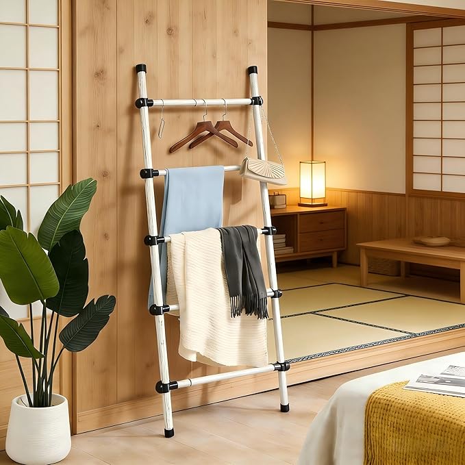 SIBRAD Expandable Blanket Ladder for Living Room, Adjustable Width (17.3"-32.3") Tall Metal Quilt Rack Wall Leaning, Rustic W