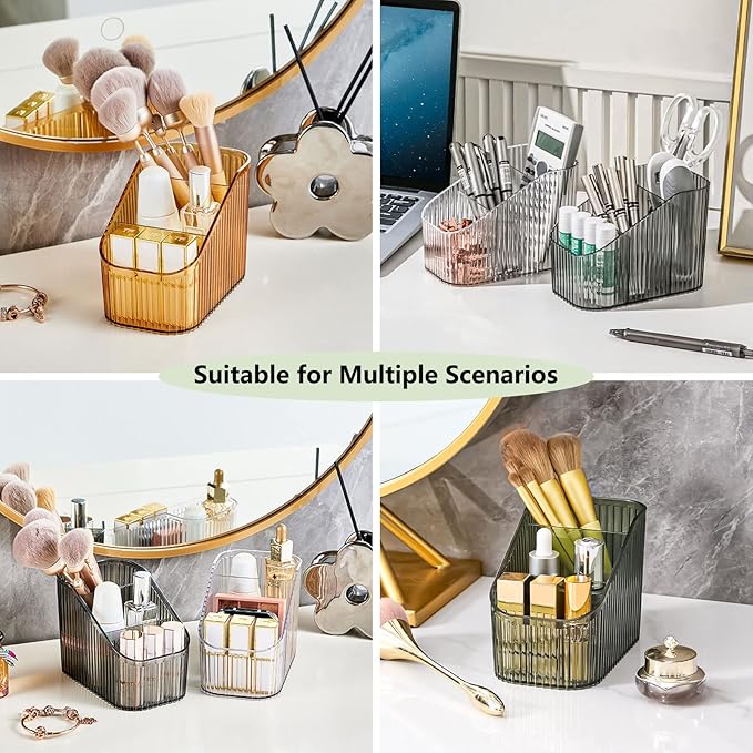 DASITON Large Capacity Makeup Brush Holder,3 Slot Makeup Brush Cup,Vintage striped Make Up Brush Holder,for Vanity Decor,Bath