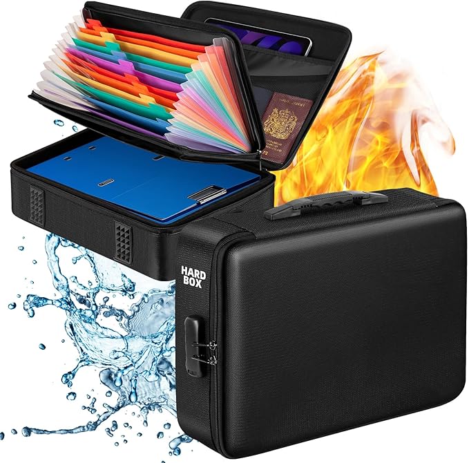 TOMKID Fireproof Document Box with Lock, Durable Hard Case File Organizer, Fire Safe Box, Hard-Shell Design, Waterproof, Impo