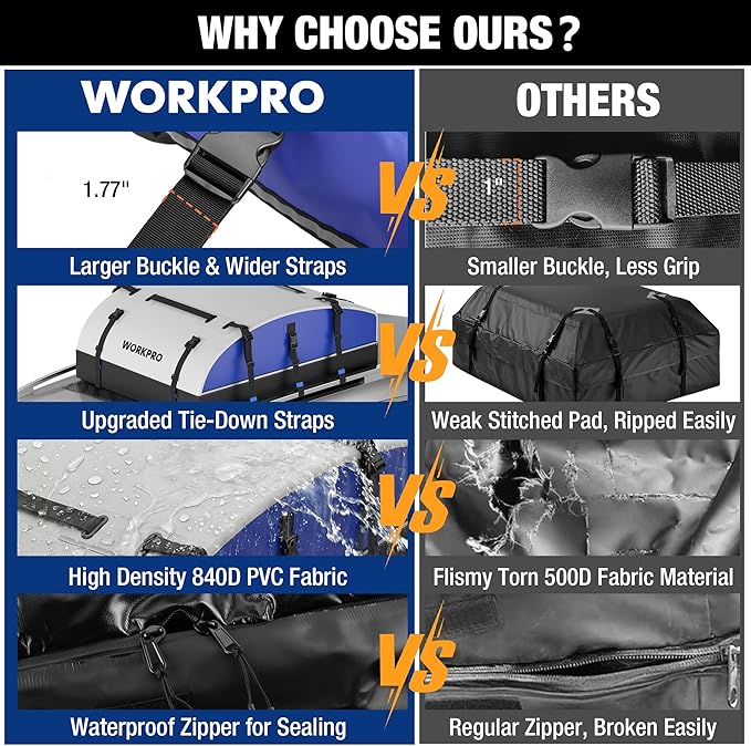 WORKPRO Rooftop Cargo Carrier Roof Bag, 21 Cubic Feet, Waterproof Roof Rack Cargo Carrier for Vehicle with/Without Rack, Heavy Duty 840D PVC, Includes Anti-Slip Mat, 6 Safety Hooks and Storage Bag