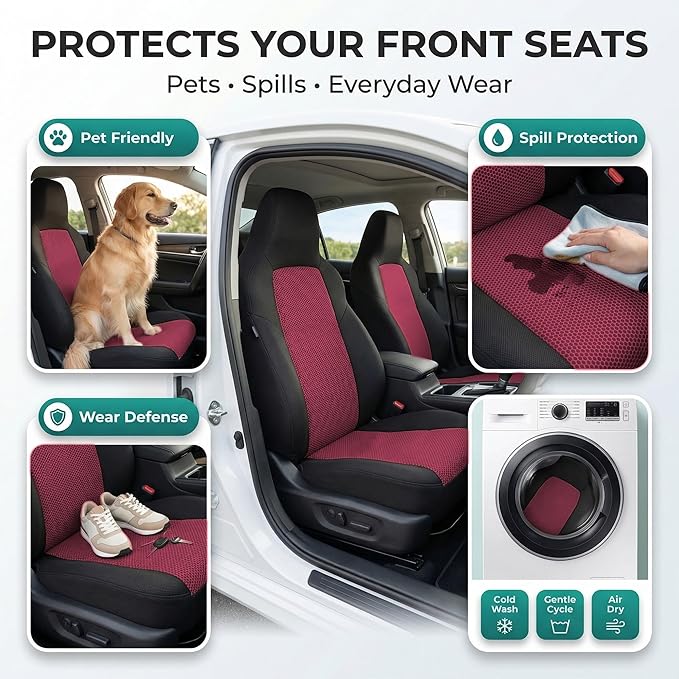FH Group Full Set Car Seat Covers Classic Cloth Universal Fit Burgundy Seat Covers,Washable High Back Combo Small Car Seat Co