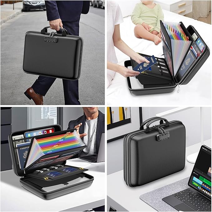 DocSafe Fireproof File Organizer with Lock, Hard-Shell Case Fireproof Document Box with 13 Pocket Accordion File Folder, Port