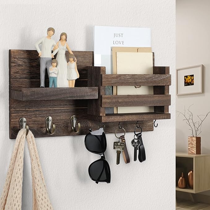 Lwenki Mail Organizer for Wall Mount – Key Holder with Shelf Includes Letter Holder and Hooks for Coats, Dog Leashes – Rustic
