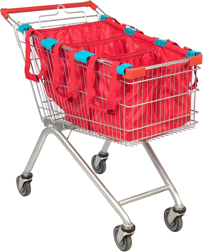 Handy Sandy Cart Caddy – 3-Pack Reusable Shopping Bags with Cart Clips | Heavy-Duty Grocery Organizer Tote Set | Eco-Friendly, Foldable, 40 lb Capacity | Red