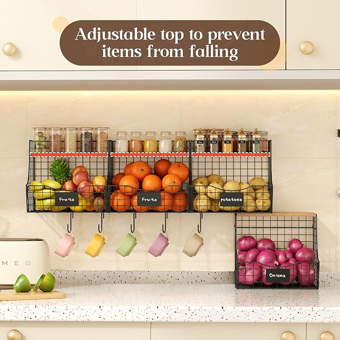 4 Pack Fruit Basket for Kitchen with Lid, Counter&Wall Mounted Hanging Fruit Basket, Potato and Onion Storage, Metal Wire Fru