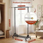 Rolling Garment Rack - Retractable Clothes Rack with Hanging Rods, Lockable Wheels and Bottom Storage Shelf - Sturdy Coat Rac