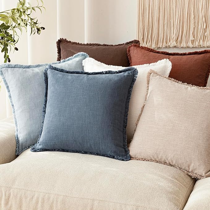 Foindtower Set of 2 Decorative Linen Fringe Lumbar Throw Pillow Covers Boho Farmhouse Cushion Cover with Tassels Soft Accent 