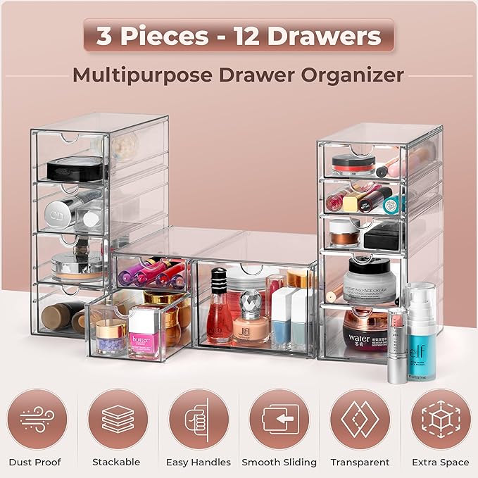 Sorbus Makeup Organizer With 12 Drawers, Acrylic Drawer Organizer for Makeup, Office Organization and Storage, Art Supplies, 