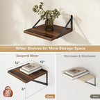 Deep Floating Shelves Wall Mounted, 12"x12" Walnut Wall Shelves with Brackets Set of 2 for Bedroom, Living Room, Bathroom, Ki