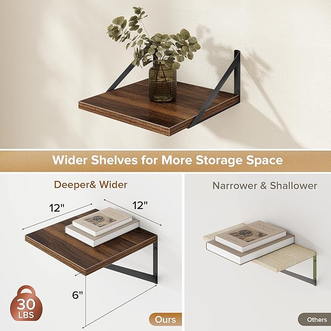 Deep Floating Shelves Wall Mounted, 12"x12" Walnut Wall Shelves with Brackets Set of 2 for Bedroom, Living Room, Bathroom, Ki