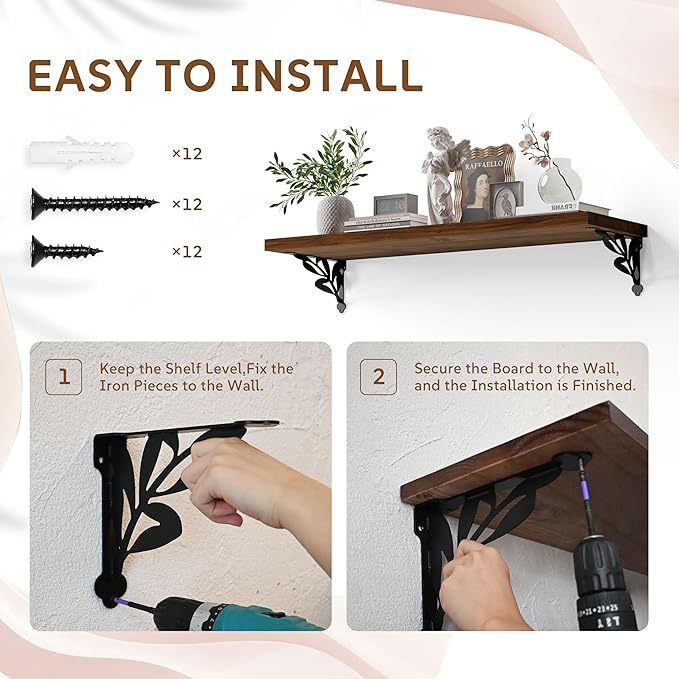 Solid Wood Floating Shelves for Wall with Metal Brackets,2 Tier 36 inch Pinewood Wall Shelf,Suitable for Multiple Places Such