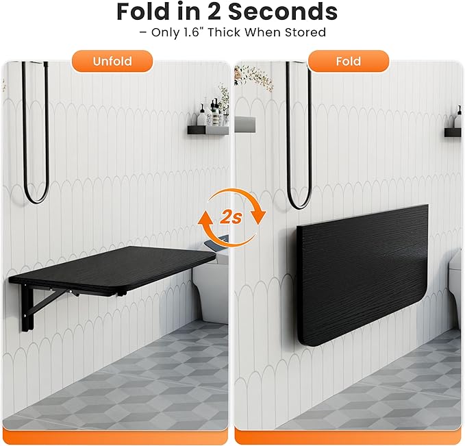 Foldable Floating Wall Shelves 20 inch, Bathroom Shelves Wall Mounted,12" Deep Wood Floating Kitchen shelves,Easy to Install 
