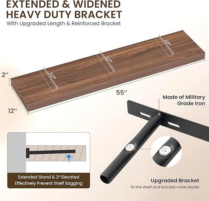 Dreamland 55" Floating Shelves for Wall, 12" Deep Thicker Walnut Floating Shelves, Wall-Mounted Shelves for Bedroom, Living R