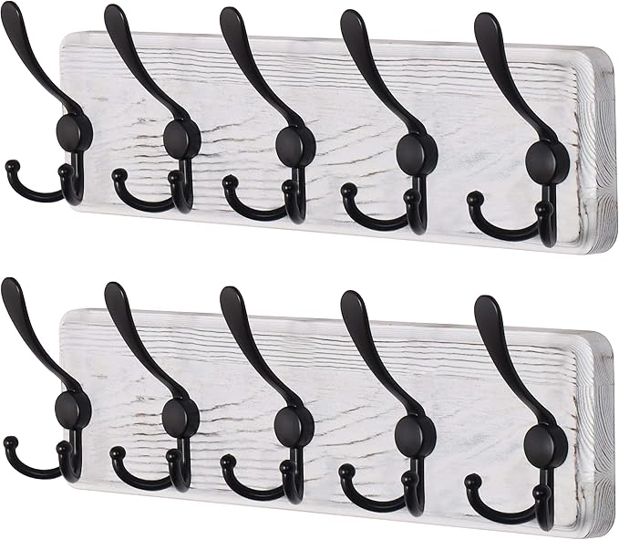 Dseap Coat Rack Wall Mounted - 5 Tri Hooks, Heavy Duty, Wooden Wall Coat Hanger Coat Hook for Clothes Hat Jacket Clothing, Wh