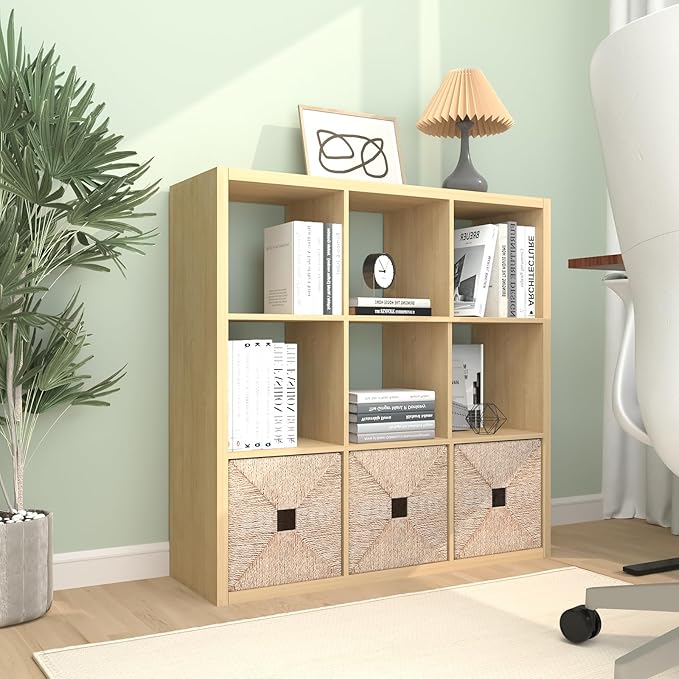 CTESNE【2026 Wooden Thick Frame 9 Cube Storage Organizer Shelf with Anti-Tipping Kits + Reversible Open Back Bookcase, Horizon