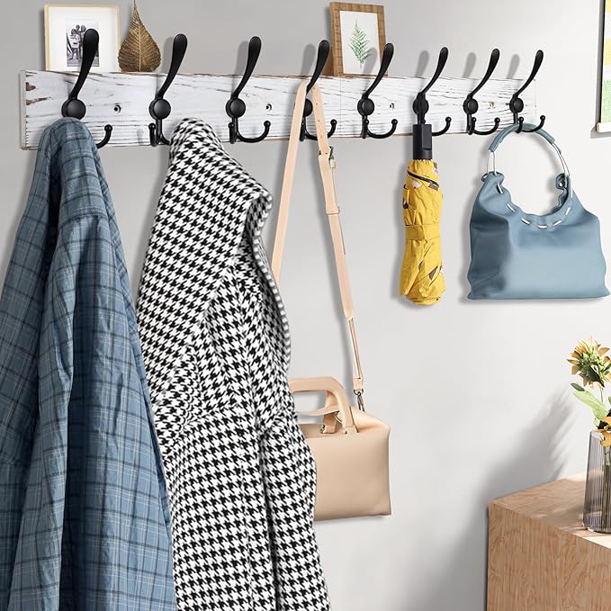 Kuhome 32.2'' Large Coat Rack Wall Mount Coat Hooks with 8 Metal Black Triple-Hooks Old White Pine Real Wood Plank Hat Rack f