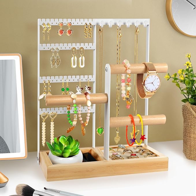 Godboat Jewelry Organizer, 4-Tier Earring Holder Organizer with 48 Holes, 6 Hooks Necklace Rack, Bracelet and Ring Stand with