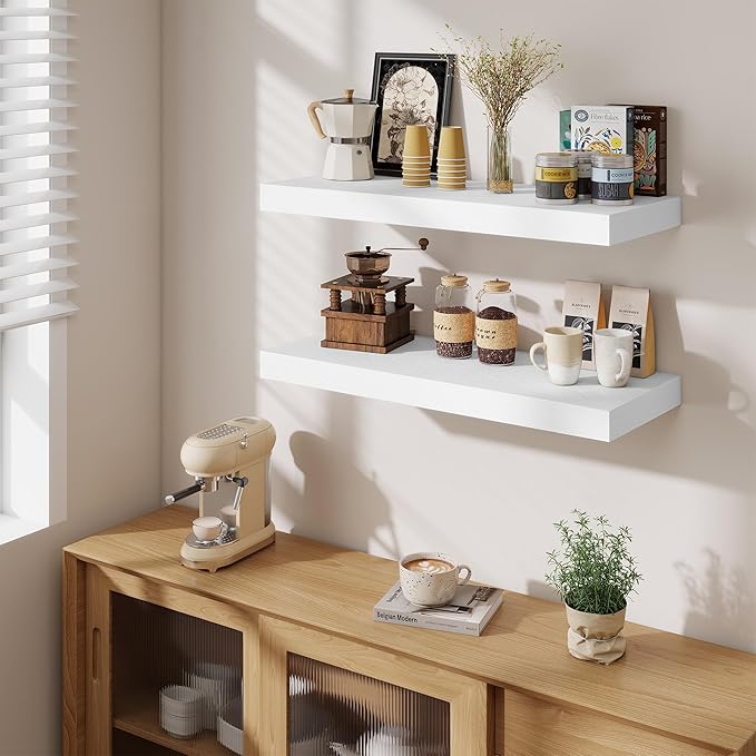 Fun Memories 32 x 12 Floating Shelves Wall-Mounted - Rustic Wood Shelf - 12 Inch Deep Floating Shelves for Wall - Large Stora