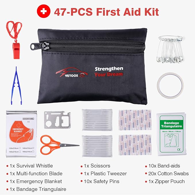 Vetoos Car Roadside Emergency Kit with Jumper Cables, Auto Vehicle Safety Road Side Assistance Kits, Winter Car Kit for Women