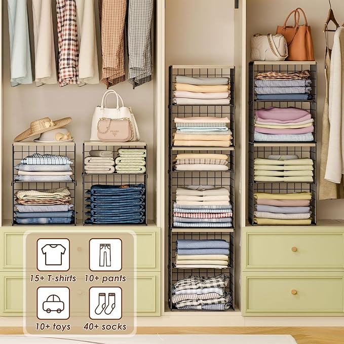 4-Tier Stackable Closet Organizers and Storage, Adjustable Dividers & Wood Top Storage Shelves for Clothes, Wardrobe & Closet