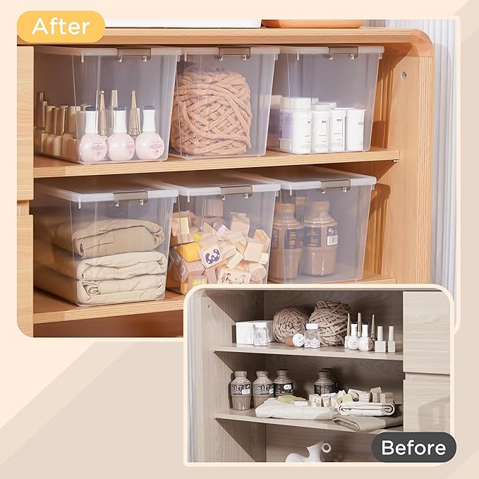 Citylife 7.8 QT 6 Pack Small Storage Bins Plastic Storage Container Stackable Box with Lids for Organizing, Clear White