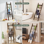 6-Tier Blanket Ladder for Living Room, 5.6FT Pine Wood Quilt Rack with 4 Anti-Slip Straps and 4 Removable Hooks, Lightweight,